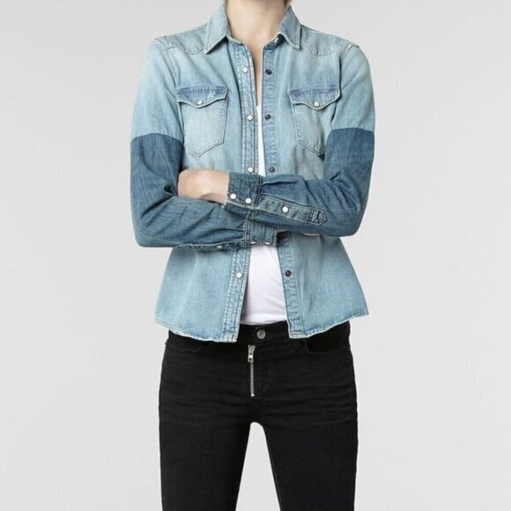 AllSaints Reine Two Tone Denim Snap Button Down Long Sleeve Top Size 6